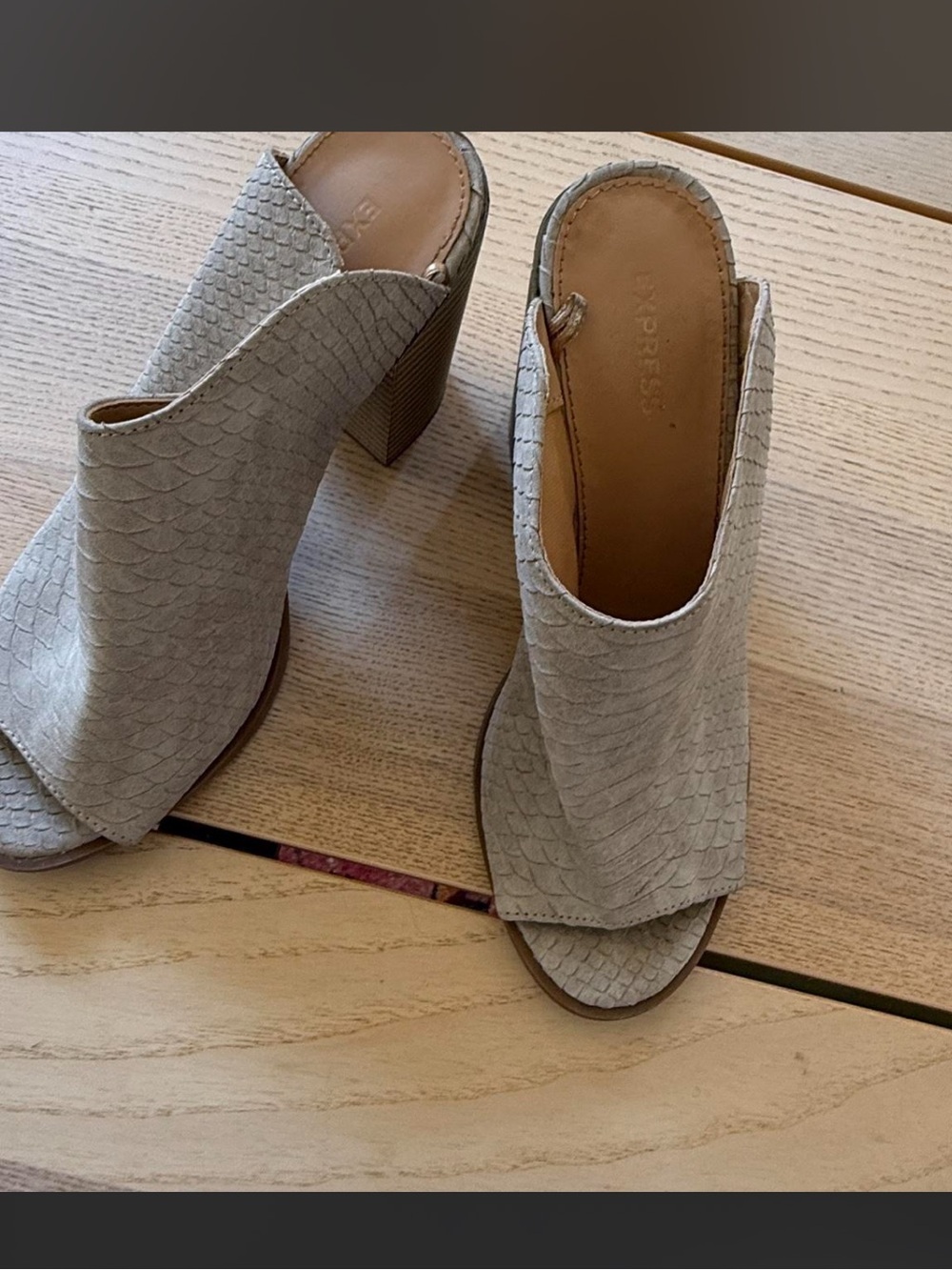 Express Taupe Textured Peep-Toe Block Heel Mules